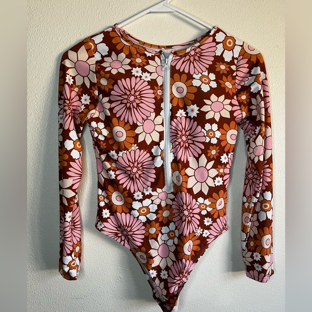 Womens One-Piece Long Sleeve Surfing Rash Guard Zipper Floral Swimsuit M